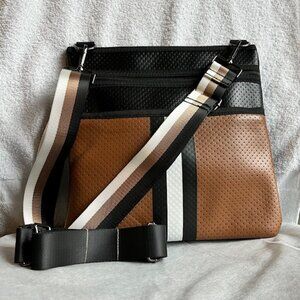 Haute Shore Peyton Chic Crossbody Bag | Black & Caramel w/Black/White Stripe